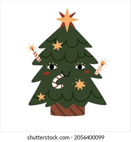 Happy Christmas tree with shiny stars and candles and lollipop in your mouth. Cartoon vector illustration for Christmas and New Year. Winter Holiday.