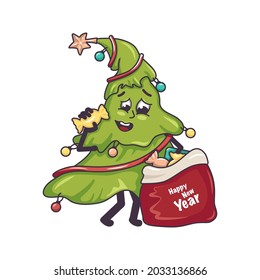 Happy Christmas tree with smile face, legs and hands and a bag of sweets. Festive decoration for new year and holiday