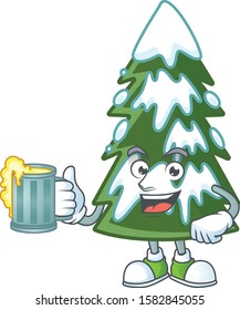 Happy christmas tree snow holding a glass of beer