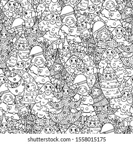 Happy Christmas trees black and white seamless pattern. Great for coloring pages, prints, backgrounds, textile and fabric. Winter and holidays background. Vector illustration