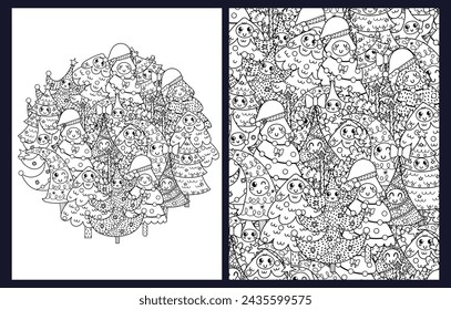 Happy Christmas trees coloring pages set. Black and white doodle winter templates bundle. Whimsical outline background. Vector illustration