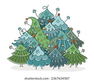 Happy Christmas trees, say hello. Template for design, greeting card, invitation. Hand drawn vector illustration.