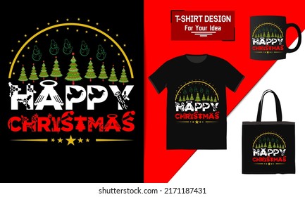 Happy christmas t-shirt design bag and mug mockup for merchandising This design is perfect for t-shirts