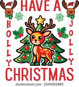 Happy Christmas typography vector illustration on reindeer decals with Christmas tree .	