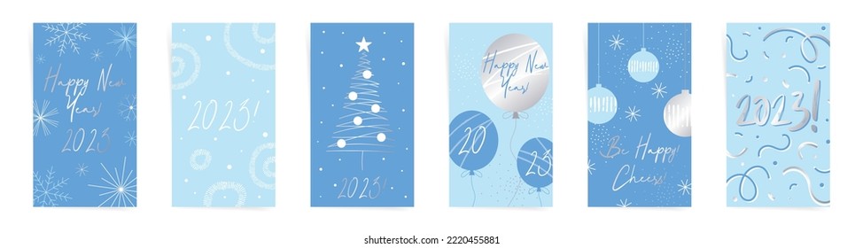 Happy Christmas winter stories banners template set. New year design for greeting, sale story posts. Design with Christmas tree, Christmas decorations, abstract shapes and snowflakes. Blue color set