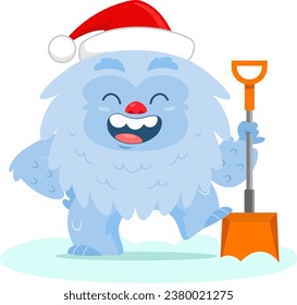 Happy Christmas Christmas Yeti Bigfoot Cartoon Character Holding A Shovel Shoveling Snow. Vector Illustration Flat Design Isolated On Transparent Background