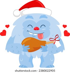 Feliz Navidad Yeti Personaje De Caricatura De Pie Grande Con Carne De Piernas Regalo De Navidad. Diseño Plano De Ilustración Vectorial Aislado En Fondo Transparente