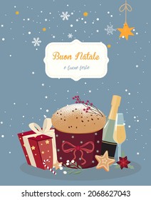 Happy Christmas.Merry Christmas and happy holidays in Italian with panettone and Christmas decorations. Vector typography for greeting cards, postcards, banners. vector