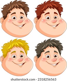 Happy chubby boy face in different hair colour illustration