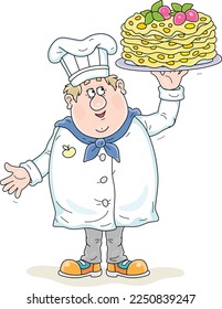 Happy chubby cook in a chef hat holding a platter with freshly baked tasty sweet pancakes for a holiday treat, vector cartoon illustration isolated on a white background