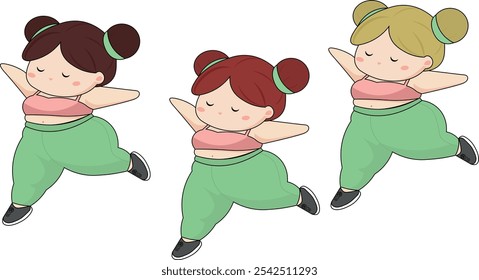 Feliz chica gordita bailando, linda ilustración de niña gorda