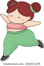 Feliz chica gordita bailando, linda ilustración de niña gorda