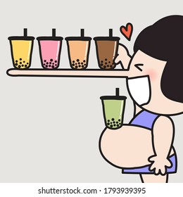 Happy Chubby Girl Putting Down Cups Of Bubble Milk Tea On Her Long Nose And Big Belly Concept Card Character illustration