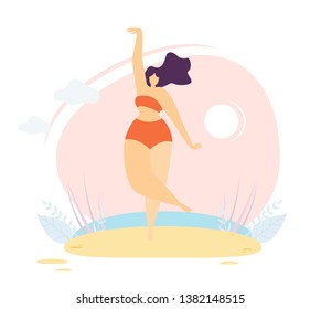 Happy Chubby Girl in Swimwear Doing Yoga Exercise Fitness Cartoon Woman Dancing Ballet Plus Size Model Posing on Sunny Beach Vector Illustration Feminine Body Positive Concept Active Lifestyle Banner