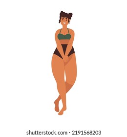 Happy Chubby Woman In Beach Bikini. Young Plump Girl Wearing Swimsuit, Bathing Suit. Modern Smiling Female Standing In Summer Beachwear. Flat Graphic Vector Illustration Isolated On White Background