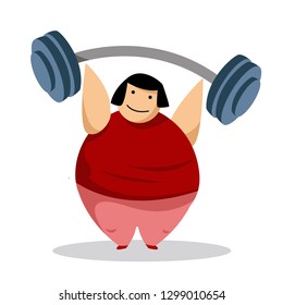 Happy chubby woman exercise with dumbbells. Healthy lifestyle vector illustration