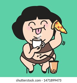 Happy Chubby Woman Feeding Food And Drinks To Her Own Tummy Concept Card Character illustration
