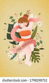 Happy Chubby Woman Lay and Pose On Floral and Leaves Background with Smiling Face, Vector, Illustration, Quote