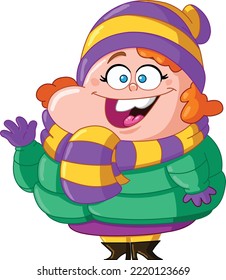 Happy chubby woman wearing winter clothes and waving