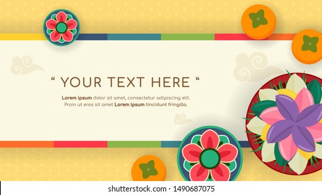 Happy Chuseok background vector illustration.  Songpyeon(rice cake) with persimmons on Korean traditional background