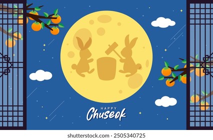 Happy Chuseok Background vector illustration. Traditional Korean door and rabbit on the moon making rice cakes