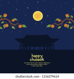 Happy Chuseok With Branch And Korean Building Silhouette