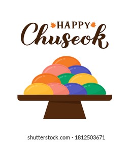 Happy Chuseok calligraphy hand lettering with  Korean traditional food Songpyeon. Vector template for typography poster, greeting card, postcard, banner, flyer, sticker, etc. 