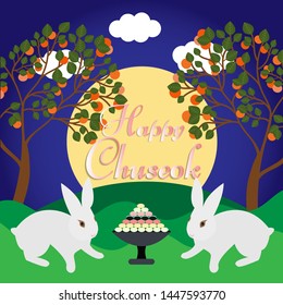 Happy chuseok in cartoon style on purple background. Autumn harvest holiday background. Thanksgiving day. Korean holiday - chuseok. Happy chuseok poster vector illustration. Food silhouette.
