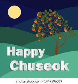 Happy chuseok in cartoon style on purple background. Autumn harvest holiday background. Korean Thanksgiving Day. Korean holiday - chuseok. Happy chuseok poster vector illustration. Food silhouette.