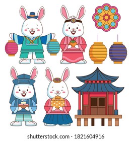 happy chuseok celebration with bundle of set icons vector illustration design