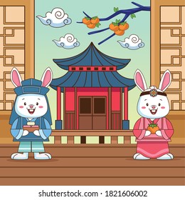 happy chuseok celebration with chinese building vector illustration design