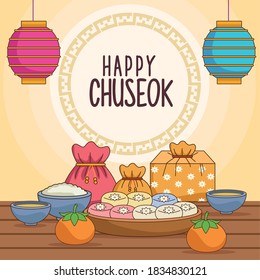 happy chuseok celebration with food and lanterns hanging vector illustration design