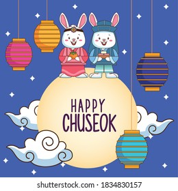 happy chuseok celebration with rabbits couple and lamps hanging in moon vector illustration design