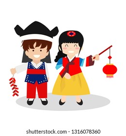 happy chuseok costume set boy and girl with firework and lantern. thanksgiving day in korea - Vector