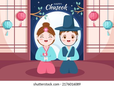 Happy Chuseok Day in Korea for Thanksgiving with People in Traditional Hanbok, Full Moon and Sky Landscape in Flat Cartoon Illustration