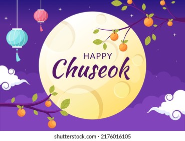 Happy Chuseok Day in Korea for Thanksgiving with Calligraphy Text, Full Moon and Sky Landscape in Flat Cartoon Illustration