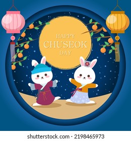 Happy chuseok day with moon rabbit and lantern