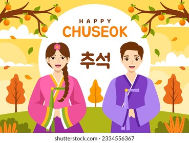 Happy Chuseok Day Vector Illustration of Korean Thanksgiving Event with Harvest Festival Celebrate on Autumn Night Background Hand Drawn Templates