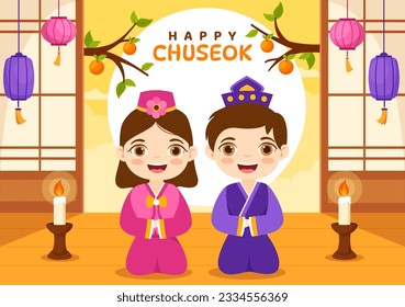 Happy Chuseok Day Vector Illustration of Korean Thanksgiving Event with kids Wearing Hanbok on Autumn Evening Background Hand Drawn Template