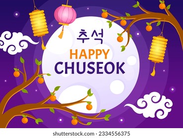 Happy Chuseok Day Vector Illustration of Korean Thanksgiving Event with Harvest Festival Celebrate on Autumn Night Background Hand Drawn Templates