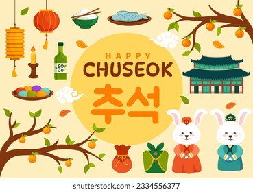 Happy Chuseok Day Vector Illustration of Korean Thanksgiving Event with Harvest Festival Celebrate on Autumn Night Background Hand Drawn Templates