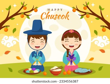 Happy Chuseok Day Vector Illustration of Korean Thanksgiving Event with kids Wearing Hanbok on Autumn Evening Background Hand Drawn Template