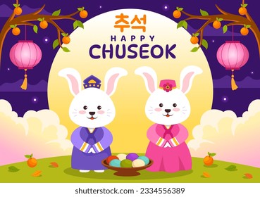 Happy Chuseok Day Vector Illustration of Korean Thanksgiving Event with Harvest Festival Celebrate on Autumn Night Background Hand Drawn Templates