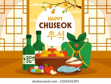 Happy Chuseok Day Vector Illustration of Korean Thanksgiving Event with Harvest Festival Celebrate on Autumn Night Background Hand Drawn Templates