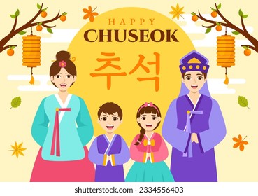 Happy Chuseok Day Vector Illustración de un evento de Acción de Gracias coreano con niños usando hanbok en la noche del otoño con plantilla dibujada a mano