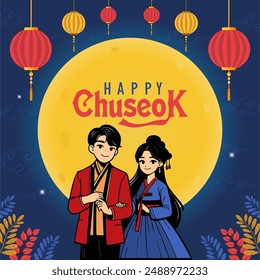 Happy chuseok day vector illustration. With a young couple dressed in typical Korean clothes, several lanterns and a full moon. Chuseok, also known as Korean Thanksgiving Day