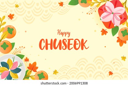 Happy Chuseok festival frame background vector illustration.Persimmons, songpyeon(rice cake) and korean traditional gift wrapping