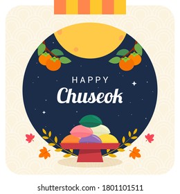 Happy Chuseok greeting card vector illustration. Songpyeon(rice cake) on Autumn night background