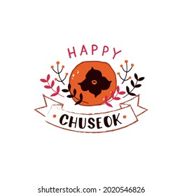Happy Chuseok handwritten text (Korean Harvest Festival, thanksgiving day) isolated on white background. Hand lettering. Doodle style vector illustration of leaves and persimmon for greeting card