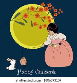 Happy chuseok icon.vector,eps10.Set of gold Mid Autumn elements, rabbits, full moon, stars,lotus flowers, Chinese text Happy Mid Autumn. Isolated objects.